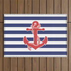 Retro Navy Anchor and Stripes Pattern 222 Red White and Blue Outdoor Rug Gallery Image 1