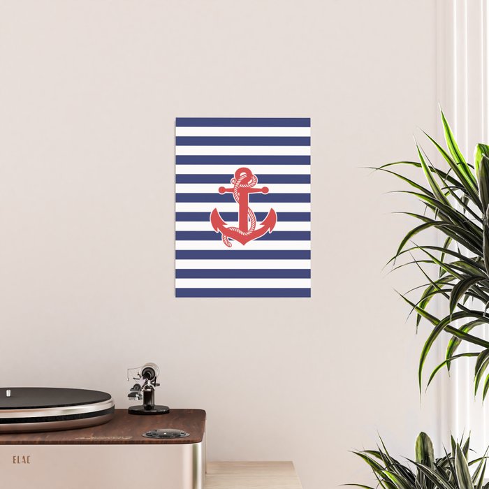 Retro Navy Anchor and Stripes Pattern 222 Red White and Blue Poster Gallery Image 2