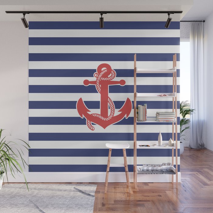 Retro Navy Anchor and Stripes Pattern 222 Red White and Blue Wall Mural Gallery Image 1