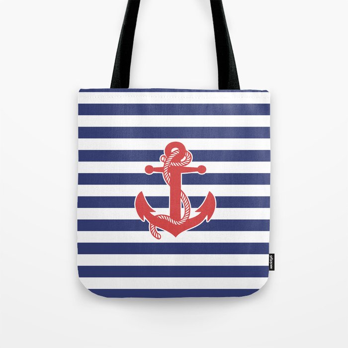 Retro Navy Anchor and Stripes Pattern 222 Red White and Blue Tote Bag Gallery Image 1