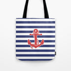 Retro Navy Anchor and Stripes Pattern 222 Red White and Blue Tote Bag Gallery Image 1
