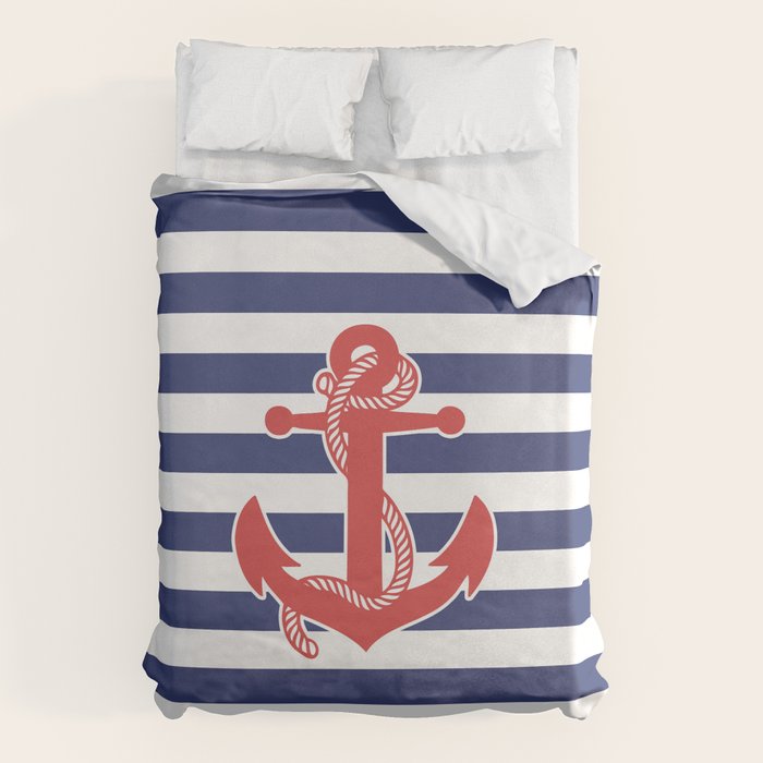 Retro Navy Anchor and Stripes Pattern 222 Red White and Blue Duvet Cover Gallery Image 1
