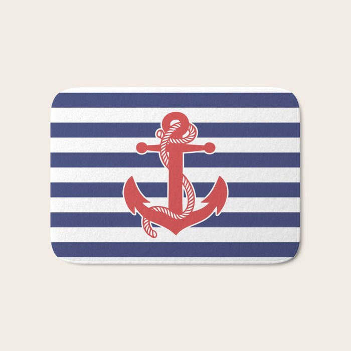 Retro Navy Anchor and Stripes Pattern 222 Red White and Blue Bath Mat Gallery Image 1