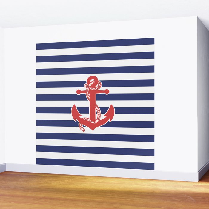 Retro Navy Anchor and Stripes Pattern 222 Red White and Blue Wall Mural Gallery Image 2