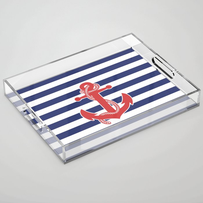 Retro Navy Anchor and Stripes Pattern 222 Red White and Blue Acrylic Tray Gallery Image 1