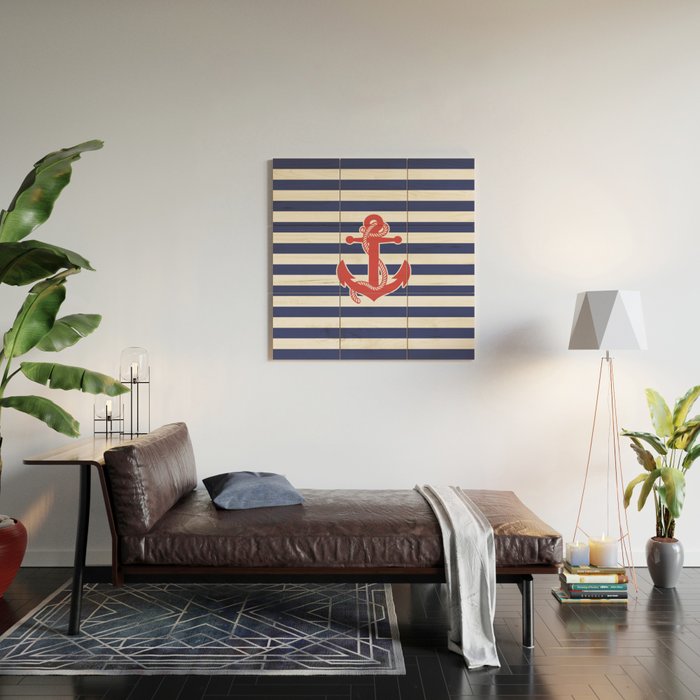 Retro Navy Anchor and Stripes Pattern 222 Red White and Blue Wood Wall Art Gallery Image 2