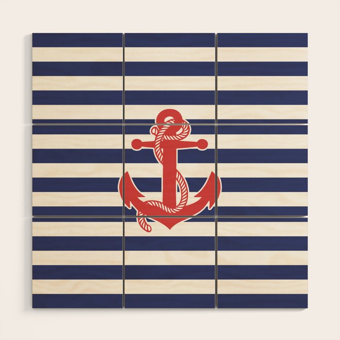 Retro Navy Anchor and Stripes Pattern 222 Red White and Blue Wood Wall Art Gallery Image 1