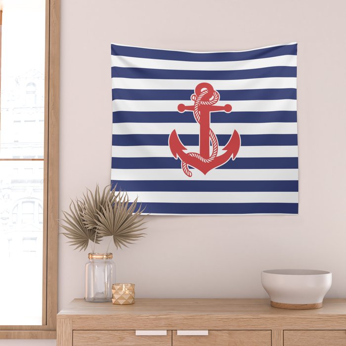 Retro Navy Anchor and Stripes Pattern 222 Red White and Blue Wall Tapestry Gallery Image 2