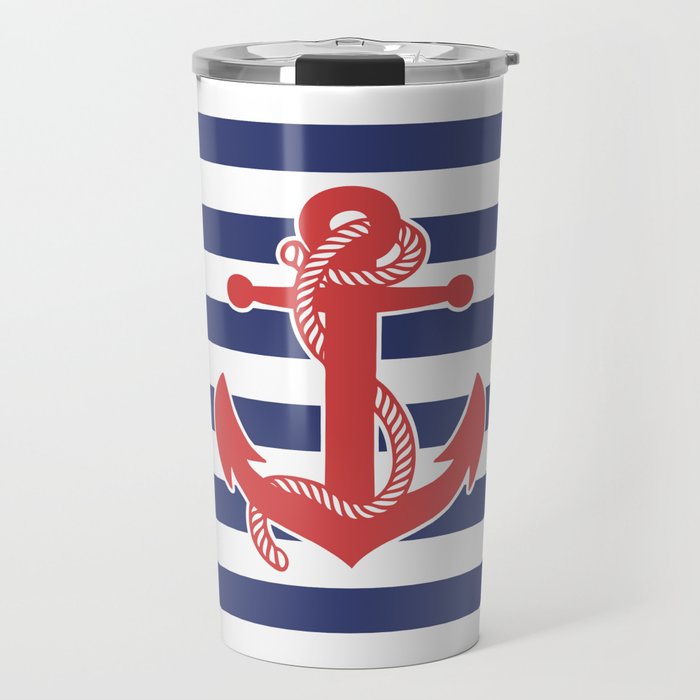 Retro Navy Anchor and Stripes Pattern 222 Red White and Blue Travel Mug Gallery Image 1