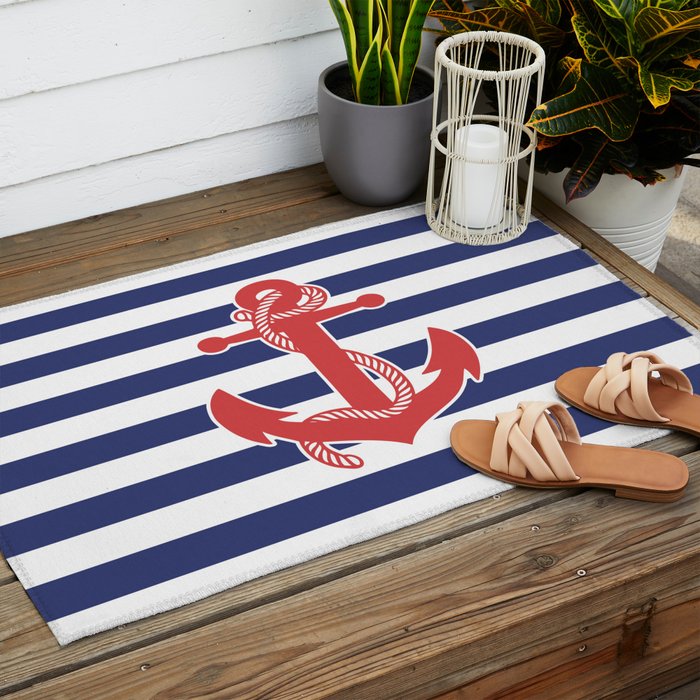 Retro Navy Anchor and Stripes Pattern 222 Red White and Blue Outdoor Rug Gallery Image 2