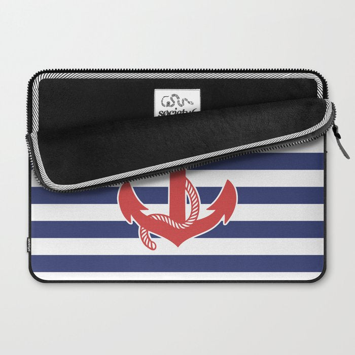 Retro Navy Anchor and Stripes Pattern 222 Red White and Blue Laptop Sleeve Gallery Image 2