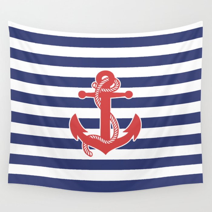 Retro Navy Anchor and Stripes Pattern 222 Red White and Blue Wall Tapestry Gallery Image 4