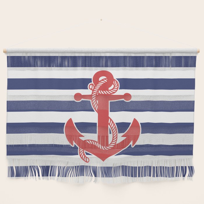 Retro Navy Anchor and Stripes Pattern 222 Red White and Blue Wall Hanging Gallery Image 1