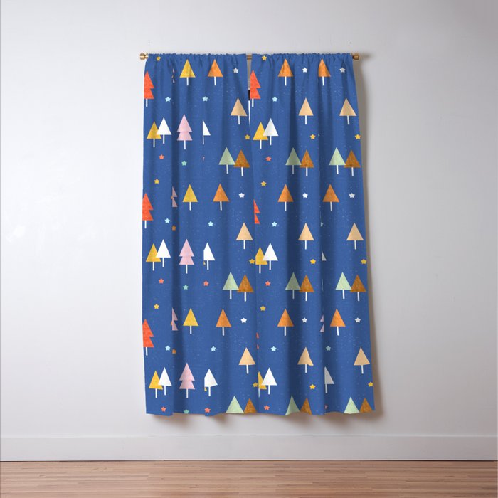 Colorful Scandinavian Christmas Trees on Blue Window Curtain Gallery Image 3