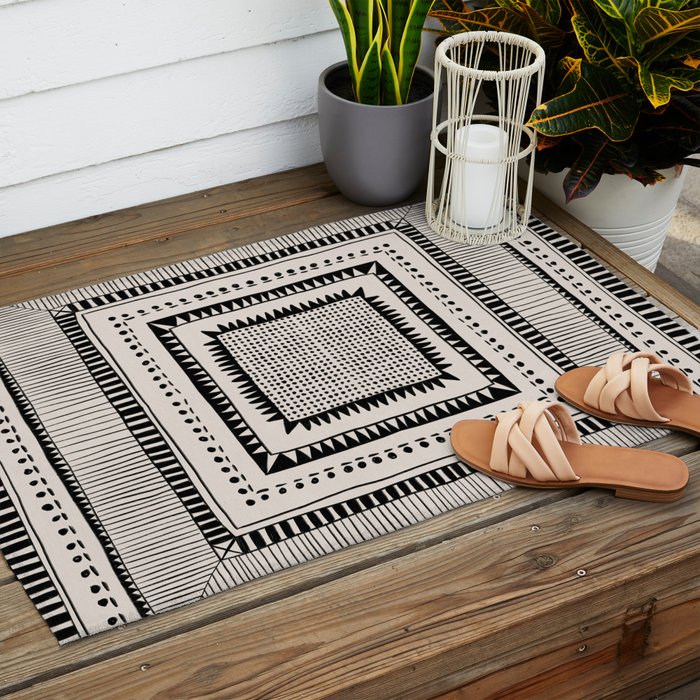 Black & White Symmetrical Pattern #2 Outdoor Rug Gallery Image 2