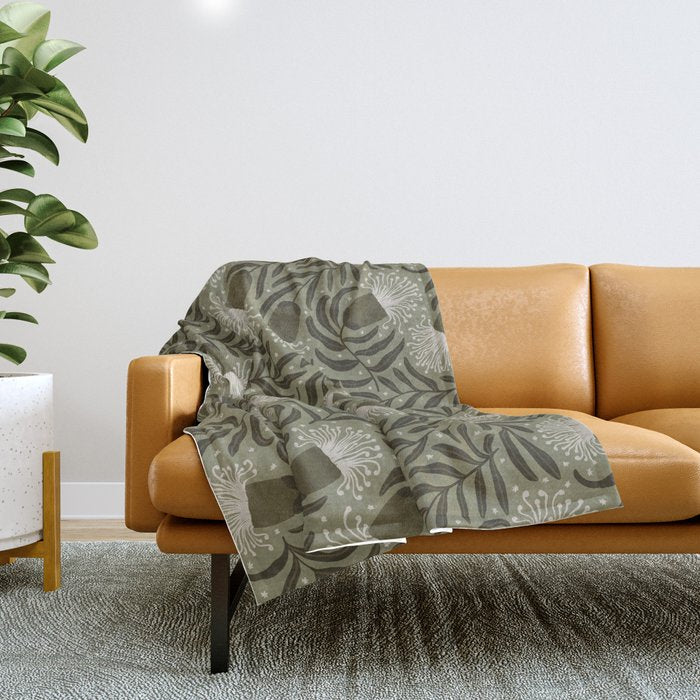 Whimsical Florals / Cream & Green Throw Blanket Gallery Image 1