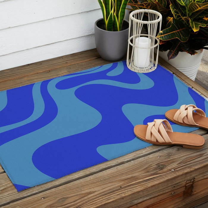 Cobalt Blue Retro Liquid Swirl Contemporary Abstract Pattern 2 Outdoor Rug Gallery Image 2
