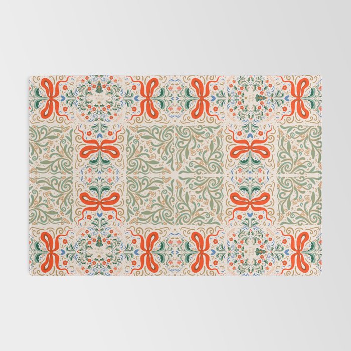 Whimsical Holiday Bows and Florals Pattern  Festive Folk Art Inspired Design Rug Gallery Image 2