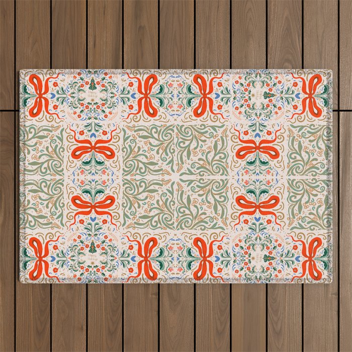 Whimsical Holiday Bows and Florals Pattern  Festive Folk Art Inspired Design Outdoor Rug Gallery Image 1