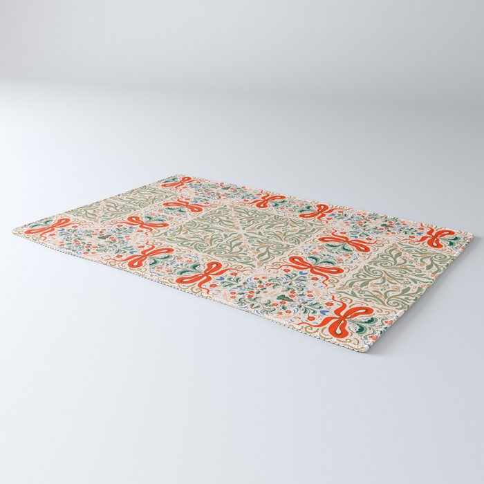 Whimsical Holiday Bows and Florals Pattern  Festive Folk Art Inspired Design Rug Gallery Image 3