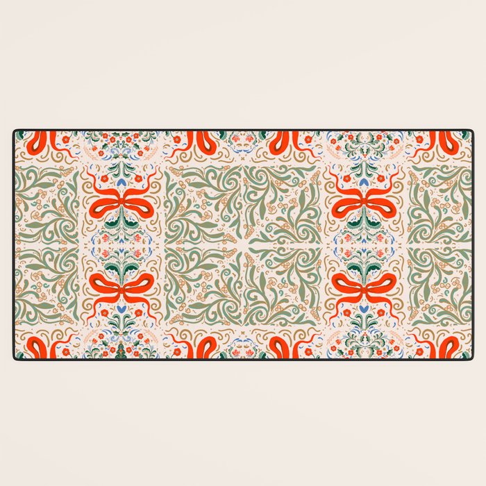 Whimsical Holiday Bows and Florals Pattern  Festive Folk Art Inspired Design Desk Mat Gallery Image 3