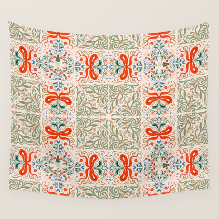 Whimsical Holiday Bows and Florals Pattern  Festive Folk Art Inspired Design Wall Tapestry Gallery Image 4