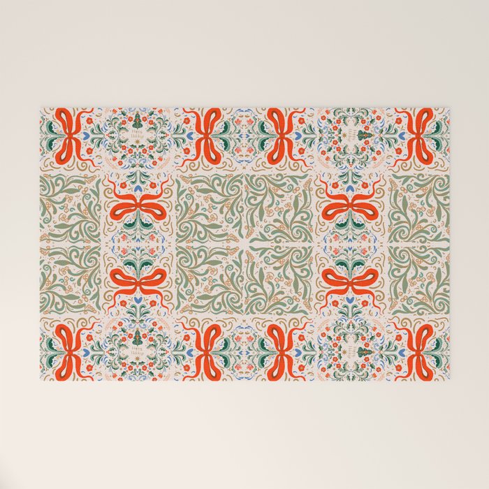 Whimsical Holiday Bows and Florals Pattern  Festive Folk Art Inspired Design Welcome Mat Gallery Image 1