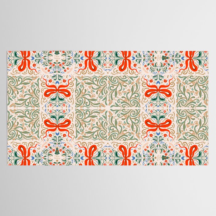 Whimsical Holiday Bows and Florals Pattern  Festive Folk Art Inspired Design Tablecloth Gallery Image 2