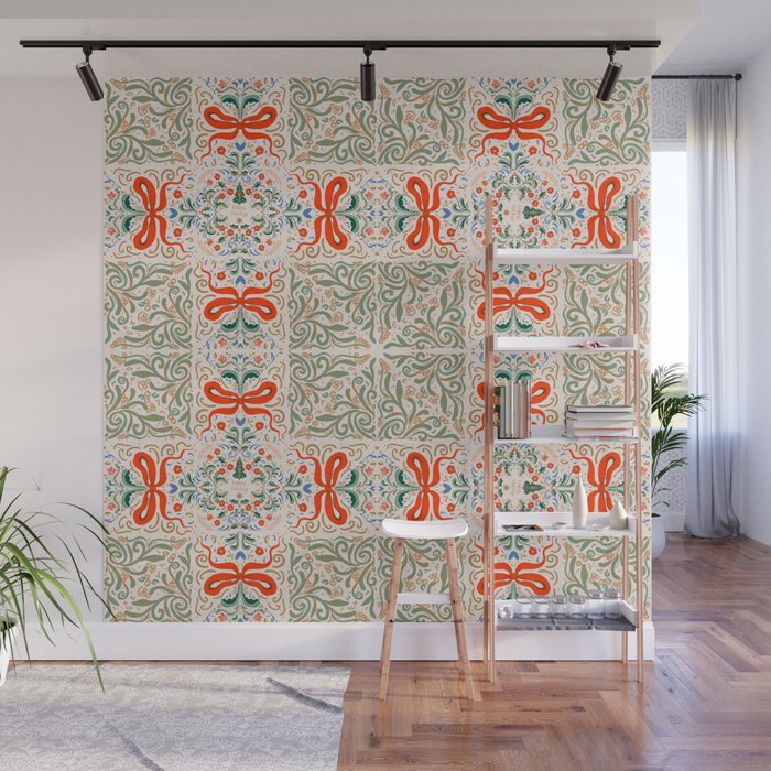 Whimsical Holiday Bows and Florals Pattern  Festive Folk Art Inspired Design Wall Mural Gallery Image 1
