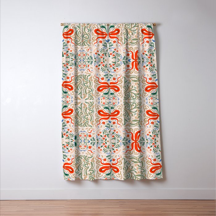 Whimsical Holiday Bows and Florals Pattern  Festive Folk Art Inspired Design Window Curtain Gallery Image 3