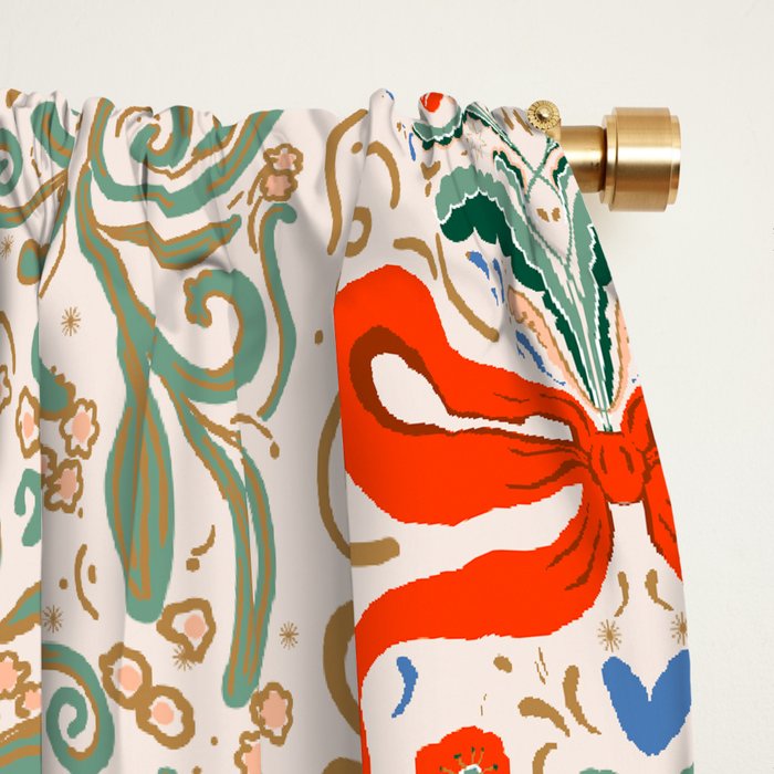 Whimsical Holiday Bows and Florals Pattern  Festive Folk Art Inspired Design Window Curtain Gallery Image 2