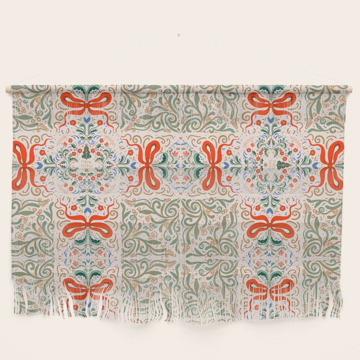 Whimsical Holiday Bows and Florals Pattern  Festive Folk Art Inspired Design Wall Hanging Gallery Image 1