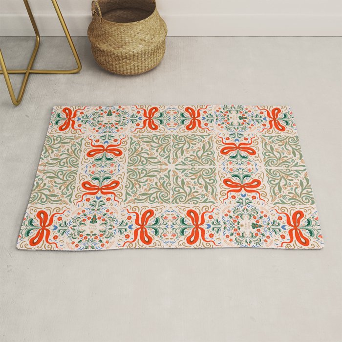 Whimsical Holiday Bows and Florals Pattern  Festive Folk Art Inspired Design Rug Gallery Image 1