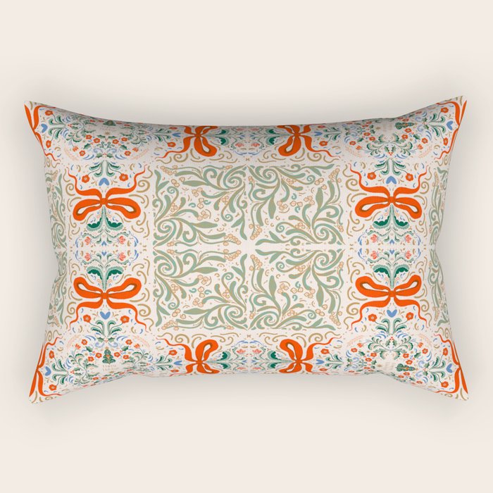 Whimsical Holiday Bows and Florals Pattern  Festive Folk Art Inspired Design Rectangular Pillow Gallery Image 2