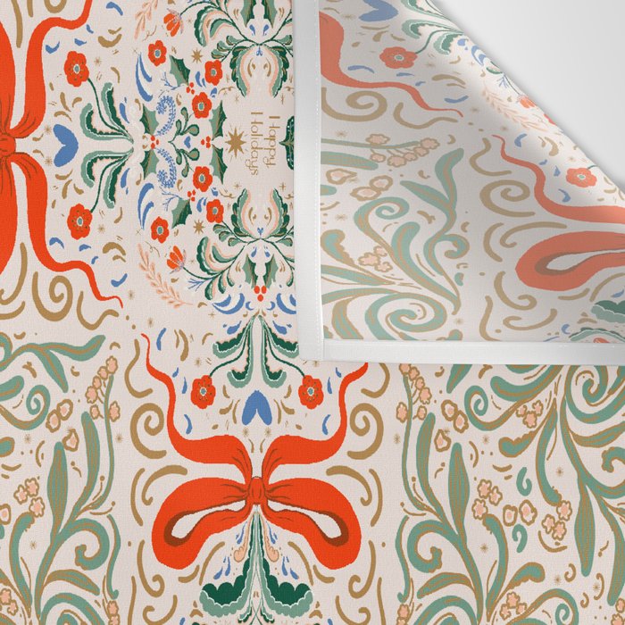 Whimsical Holiday Bows and Florals Pattern  Festive Folk Art Inspired Design Wall Tapestry Gallery Image 3