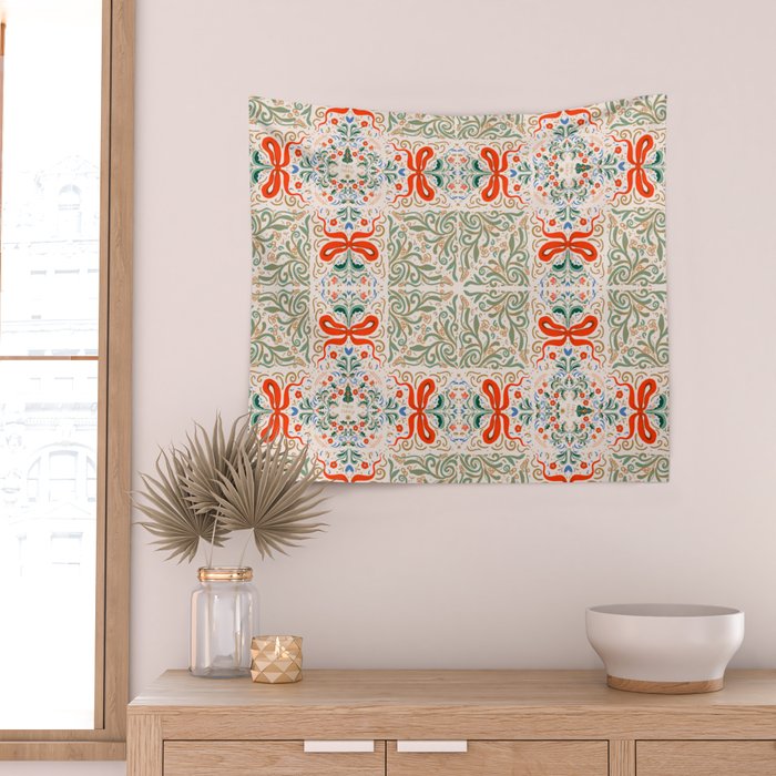 Whimsical Holiday Bows and Florals Pattern  Festive Folk Art Inspired Design Wall Tapestry Gallery Image 2