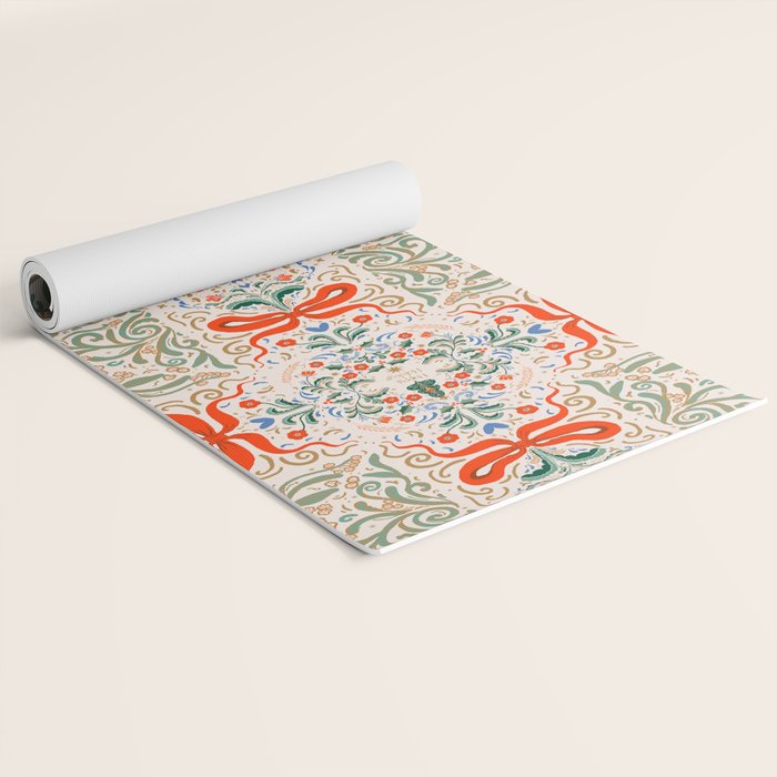 Whimsical Holiday Bows and Florals Pattern  Festive Folk Art Inspired Design Yoga Mat Gallery Image 2