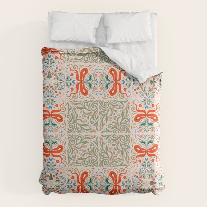Whimsical Holiday Bows and Florals Pattern  Festive Folk Art Inspired Design Duvet Cover Gallery Image 6