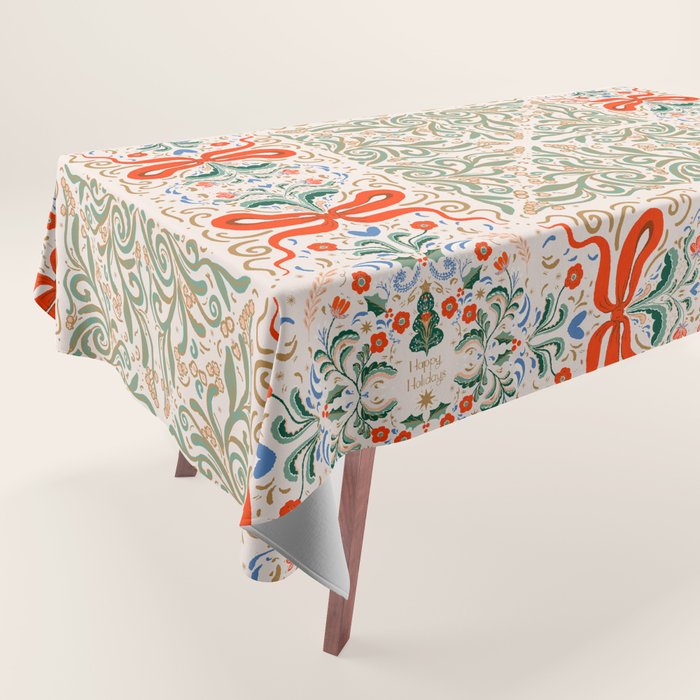 Whimsical Holiday Bows and Florals Pattern  Festive Folk Art Inspired Design Tablecloth Gallery Image 1