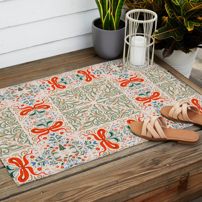 Whimsical Holiday Bows and Florals Pattern  Festive Folk Art Inspired Design Outdoor Rug Gallery Image 2