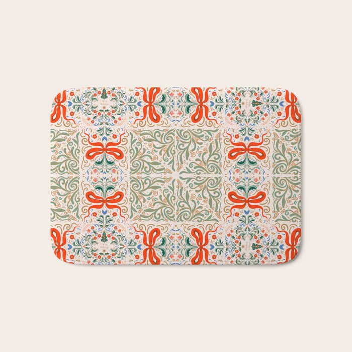 Whimsical Holiday Bows and Florals Pattern  Festive Folk Art Inspired Design Bath Mat Gallery Image 1