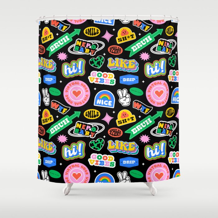 Retro cartoon sticker label pattern Shower Curtain Gallery Image 1