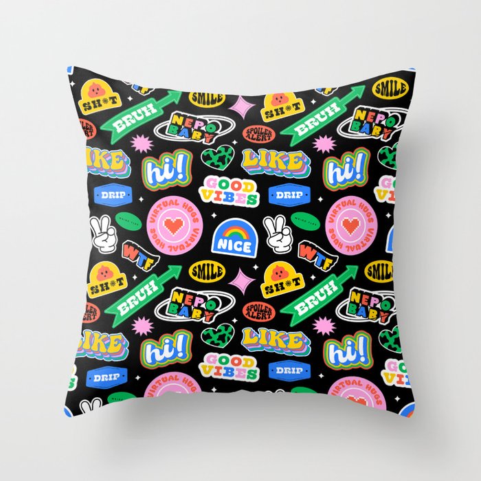 Retro cartoon sticker label pattern Throw Pillow Gallery Image 6