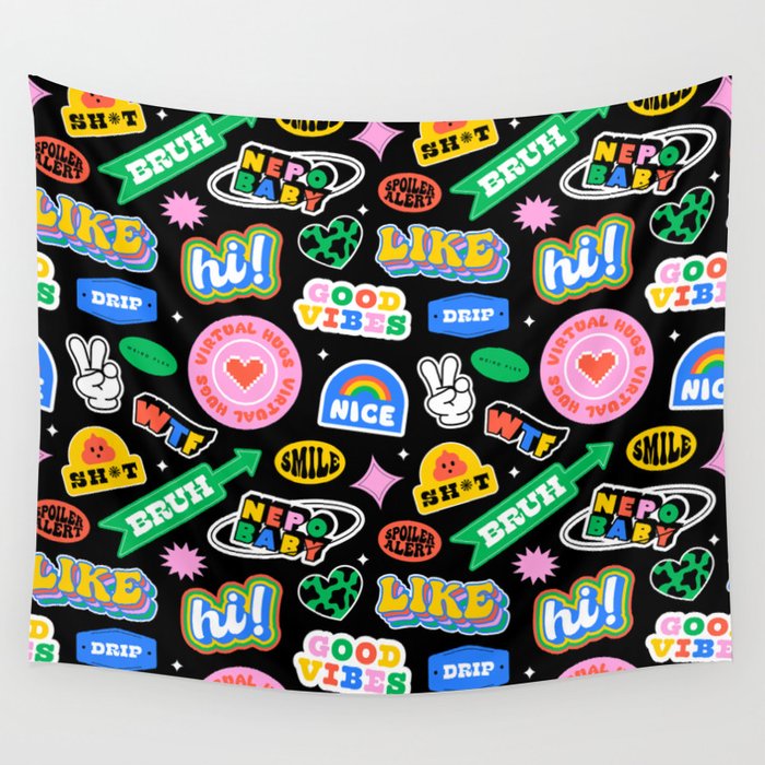 Retro cartoon sticker label pattern Wall Tapestry Gallery Image 4