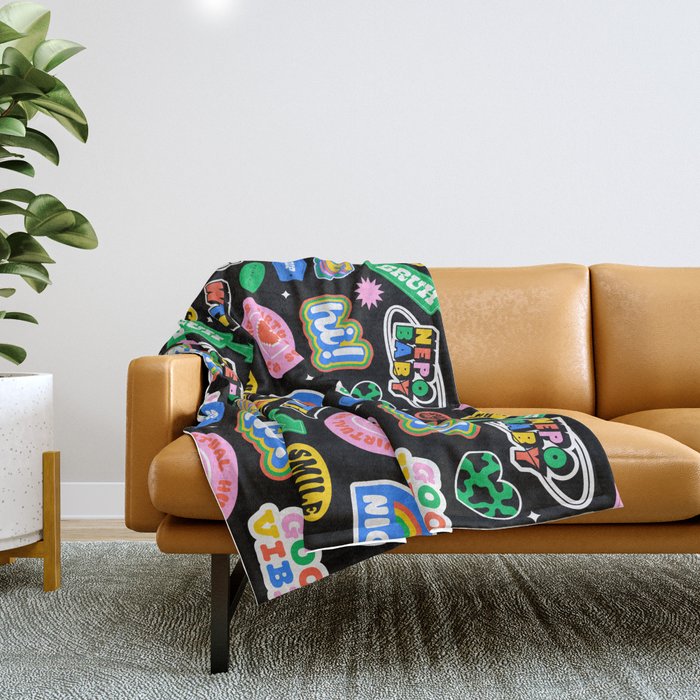 Retro cartoon sticker label pattern Throw Blanket Gallery Image 1