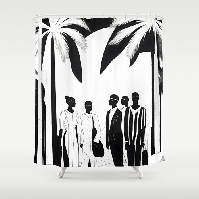 Five, Tropical African People Meeting, Abstract Back & White Travel, Palm Jungle Human Shadows Eclectic Noho Shower Curtain Gallery Image 1