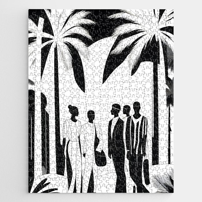 Five, Tropical African People Meeting, Abstract Back & White Travel, Palm Jungle Human Shadows Eclectic Noho Jigsaw Puzzle Gallery Image 1