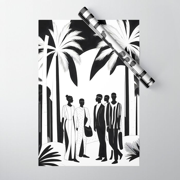 Five, Tropical African People Meeting, Abstract Back & White Travel, Palm Jungle Human Shadows Eclectic Noho Wrapping Paper Gallery Image 1