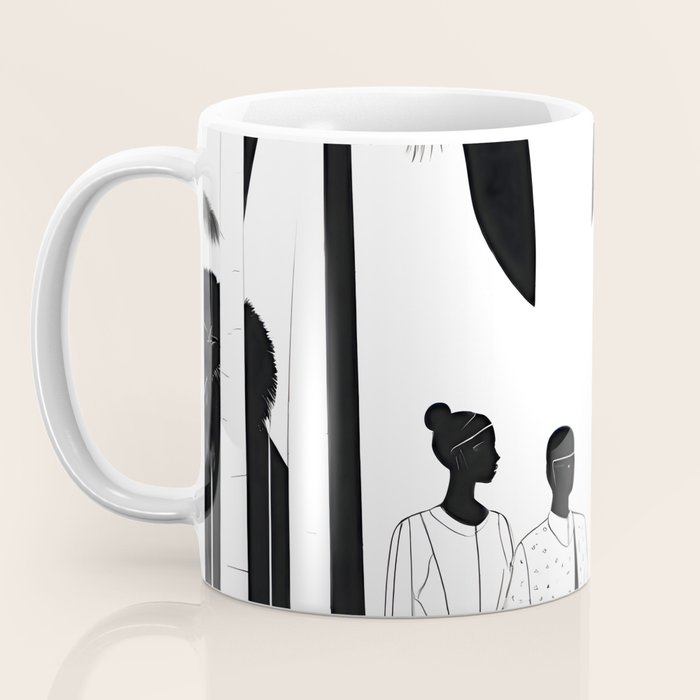 Five, Tropical African People Meeting, Abstract Back & White Travel, Palm Jungle Human Shadows Eclectic Noho Coffee Mug Gallery Image 3
