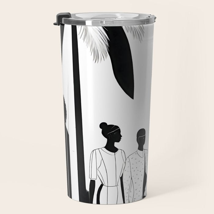 Five, Tropical African People Meeting, Abstract Back & White Travel, Palm Jungle Human Shadows Eclectic Noho Travel Mug Gallery Image 3